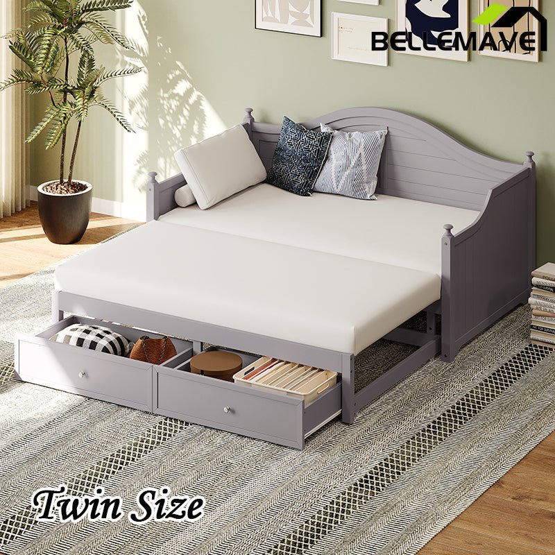 Bellemave® Twin Size Wood Daybed with Extended Pop Up Trundle and Storage Drawers - Bellemave