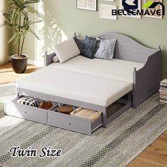Bellemave® Twin Size Wood Daybed with Extended Pop Up Trundle and Storage Drawers - Bellemave