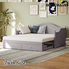 Bellemave® Twin Size Wood Daybed with Extended Pop Up Trundle and Storage Drawers - Bellemave