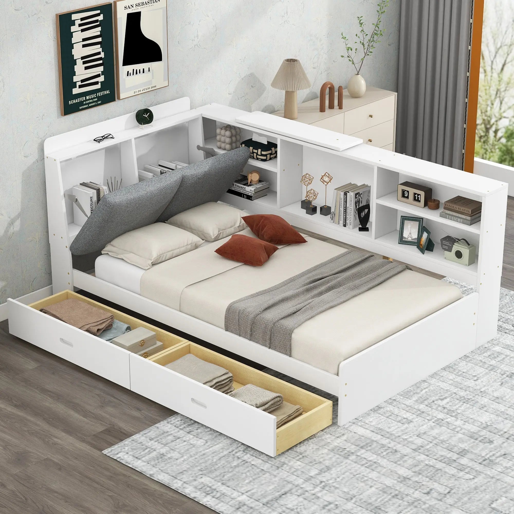 Bellemave® Twin Size Wood Daybed with Storage Headboard, Shelves and 2 Drawers - Bellemave