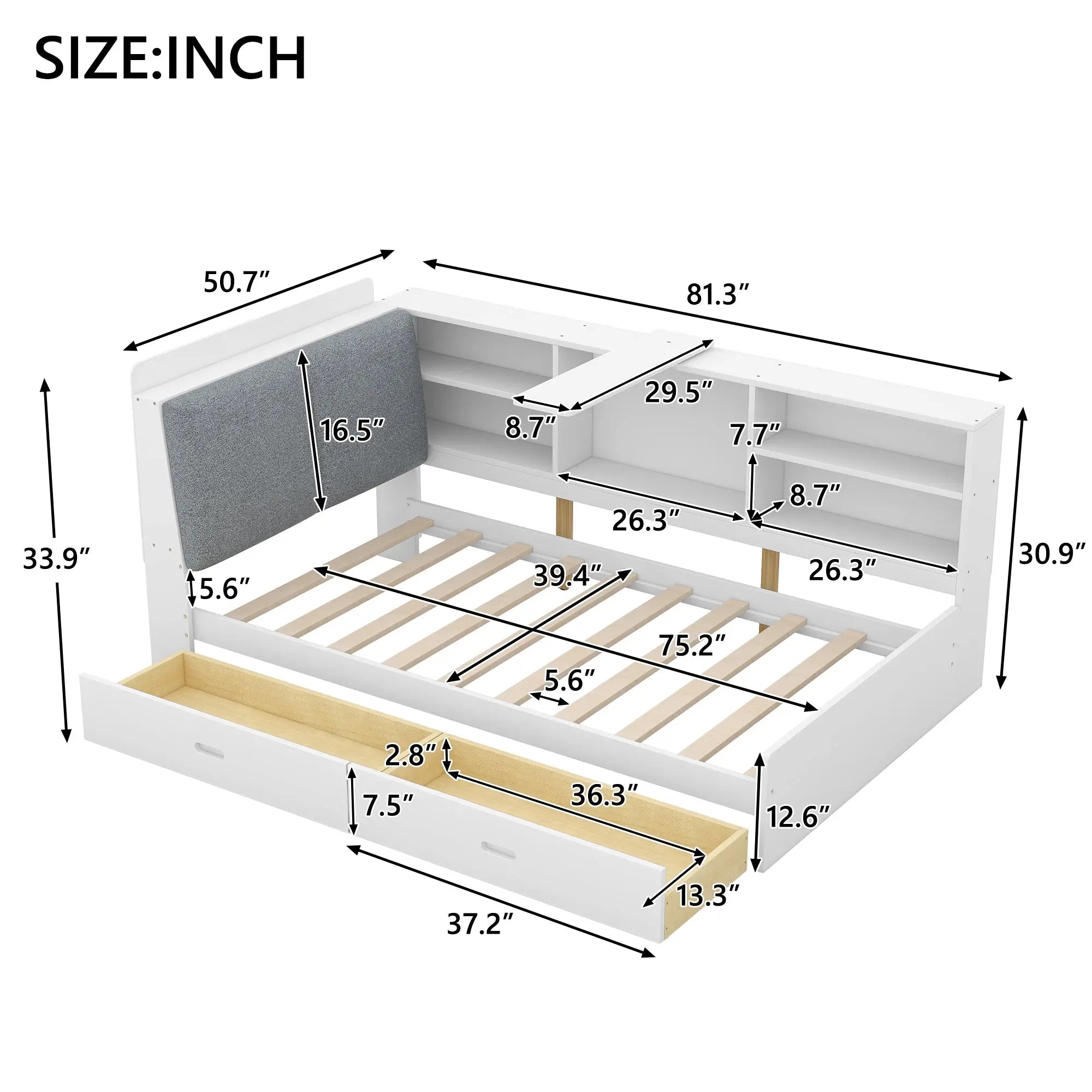 Bellemave® Twin Size Wood Daybed with Storage Headboard, Shelves and 2 Drawers - Bellemave