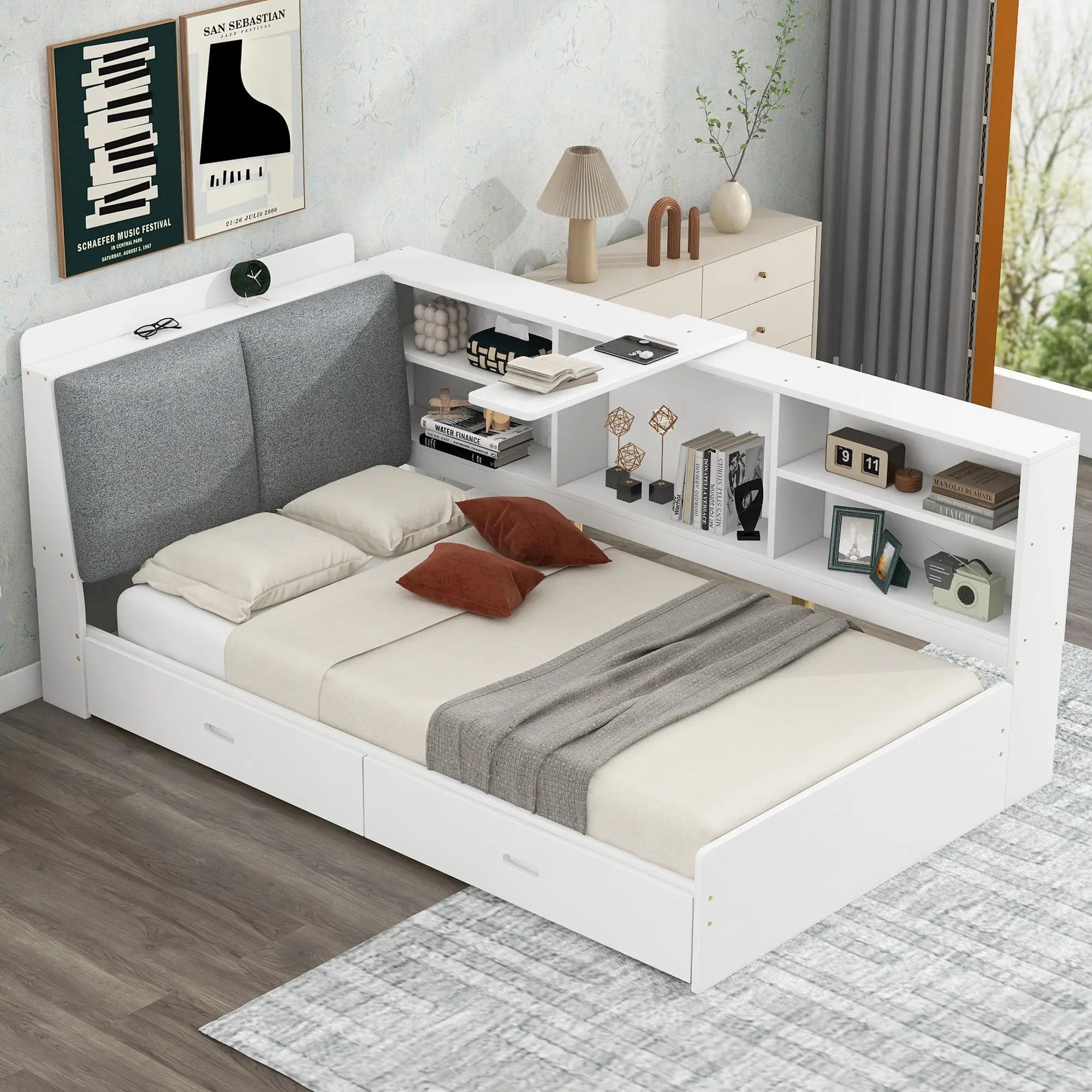 Bellemave® Twin Size Wood Daybed with Storage Headboard, Shelves and 2 Drawers - Bellemave