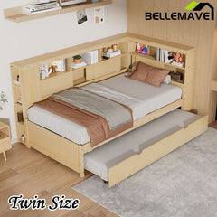 Bellemave® Twin Size Wood Daybed with Storage Shelves, USB and Trundle - Bellemave