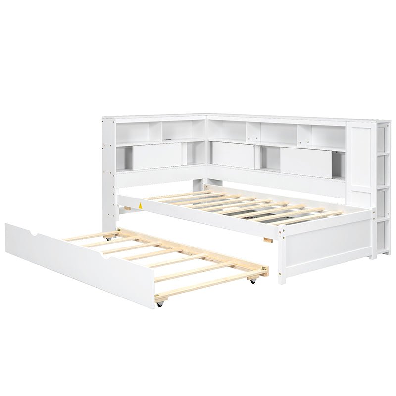 Bellemave® Twin Size Wood Daybed with Storage Shelves, USB and Trundle - Bellemave