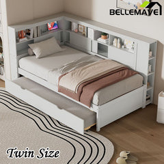 Bellemave® Twin Size Wood Daybed with Storage Shelves, USB and Trundle - Bellemave
