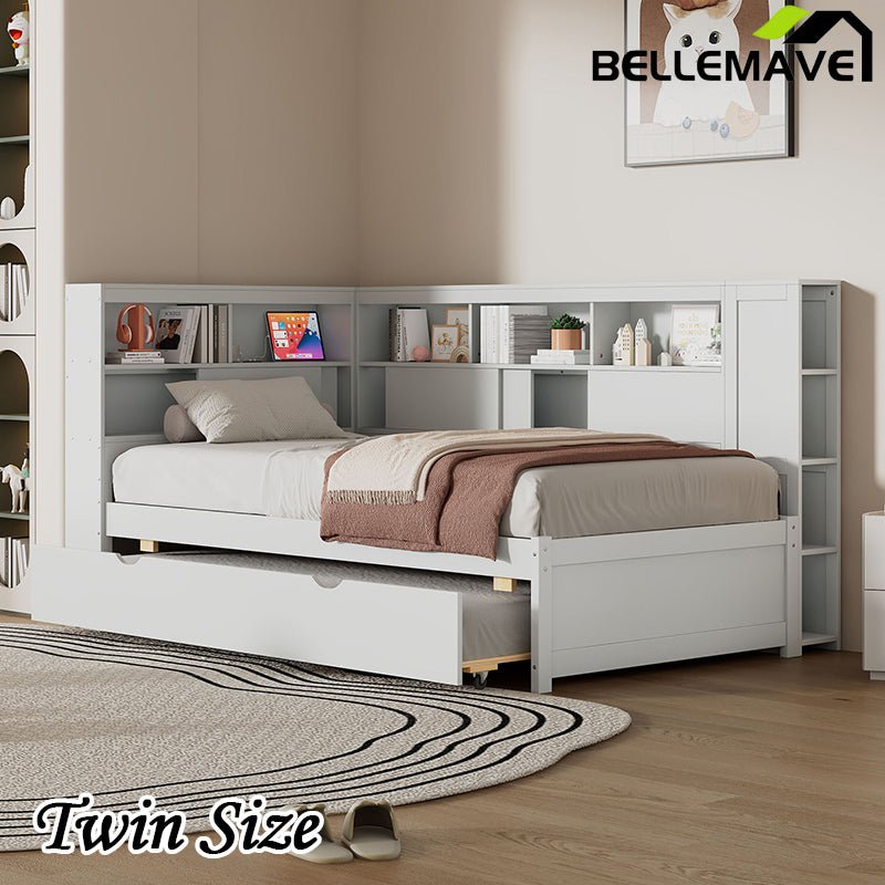 Bellemave® Twin Size Wood Daybed with Storage Shelves, USB and Trundle - Bellemave