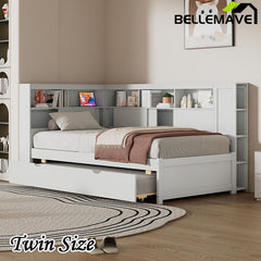 Bellemave® Twin Size Wood Daybed with Storage Shelves, USB and Trundle - Bellemave