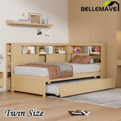Bellemave® Twin Size Wood Daybed with Storage Shelves, USB and Trundle - Bellemave