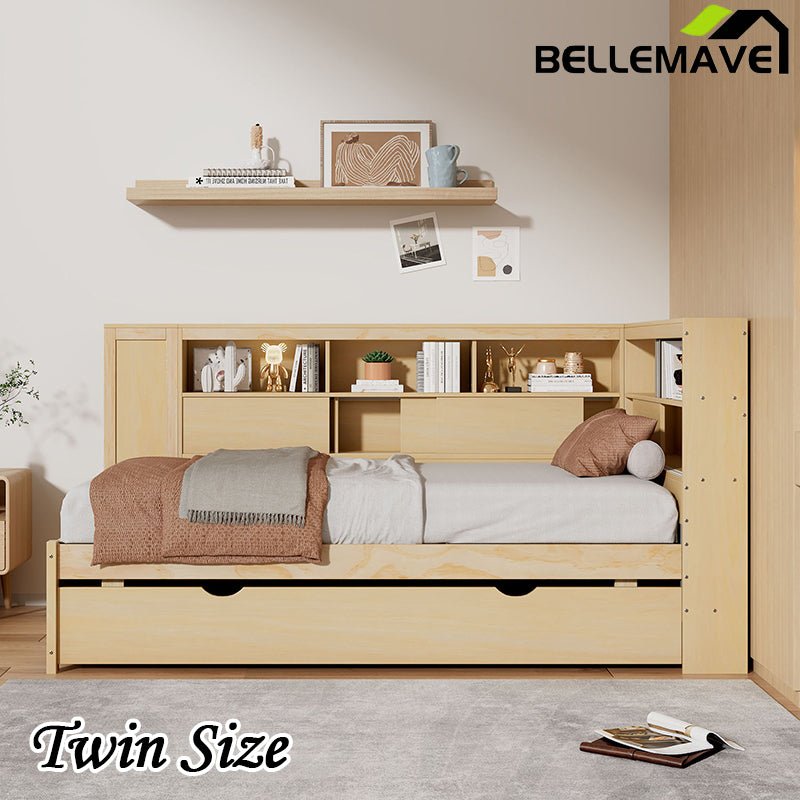 Bellemave® Twin Size Wood Daybed with Storage Shelves, USB and Trundle - Bellemave