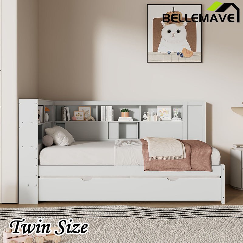 Bellemave® Twin Size Wood Daybed with Storage Shelves, USB and Trundle - Bellemave
