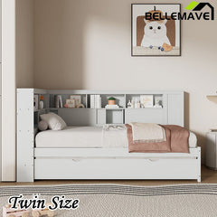 Bellemave® Twin Size Wood Daybed with Storage Shelves, USB and Trundle - Bellemave