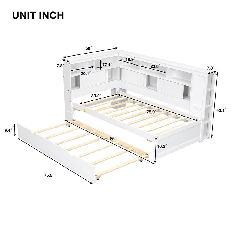 Bellemave® Twin Size Wood Daybed with Storage Shelves, USB and Trundle - Bellemave