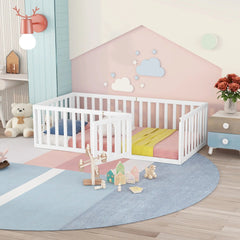 Bellemave® Twin Size Wood Floor Bed Frame with Fence and Door - Bellemave