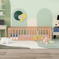 Bellemave® Twin Size Wood Floor Bed Frame with Fence and Door - Bellemave