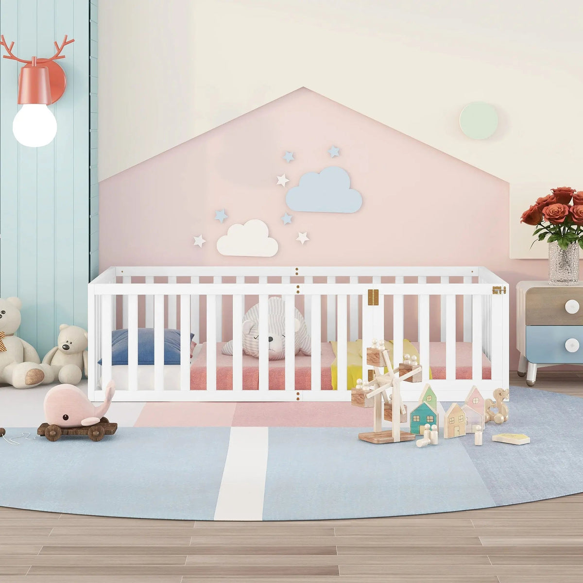 Bellemave® Twin Size Wood Floor Bed Frame with Fence and Door - Bellemave