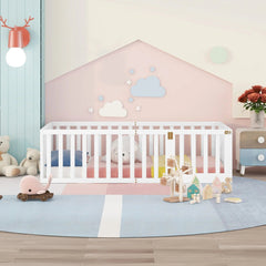 Bellemave® Twin Size Wood Floor Bed Frame with Fence and Door - Bellemave