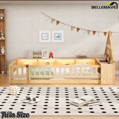 Bellemave® Twin Size Wood Floor Bed with Guardrail, House-Shaped Headboard, Storage Cabinets, LED Light & USB Port, Montessori Kids Bed Frame - Bellemave