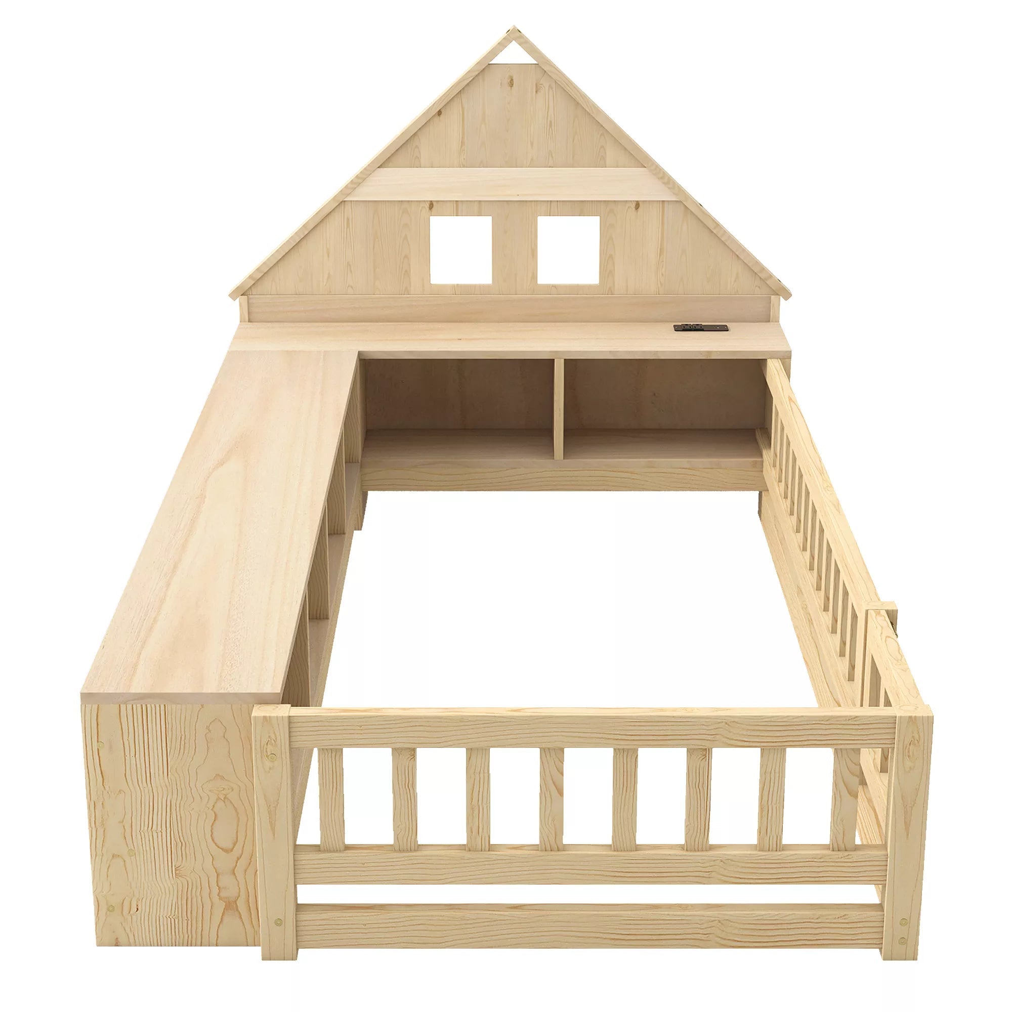 Bellemave® Twin Size Wood Floor Bed with Guardrail, House-Shaped Headboard, Storage Cabinets, LED Light & USB Port, Montessori Kids Bed Frame - Bellemave