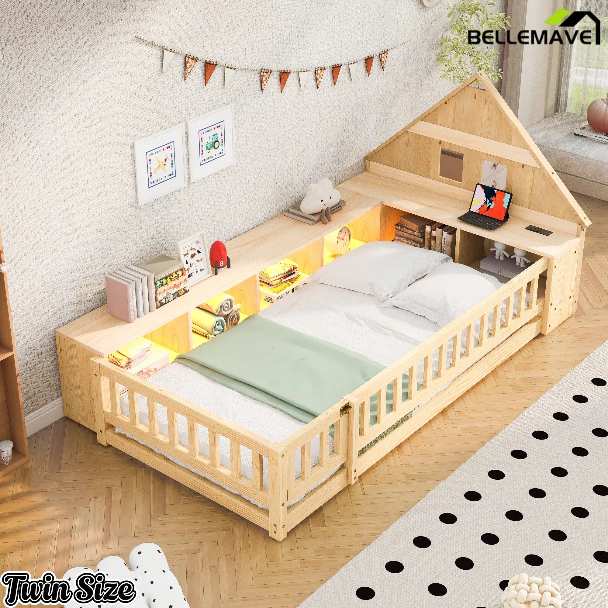 Bellemave® Twin Size Wood Floor Bed with Guardrail, House-Shaped Headboard, Storage Cabinets, LED Light & USB Port, Montessori Kids Bed Frame - Bellemave