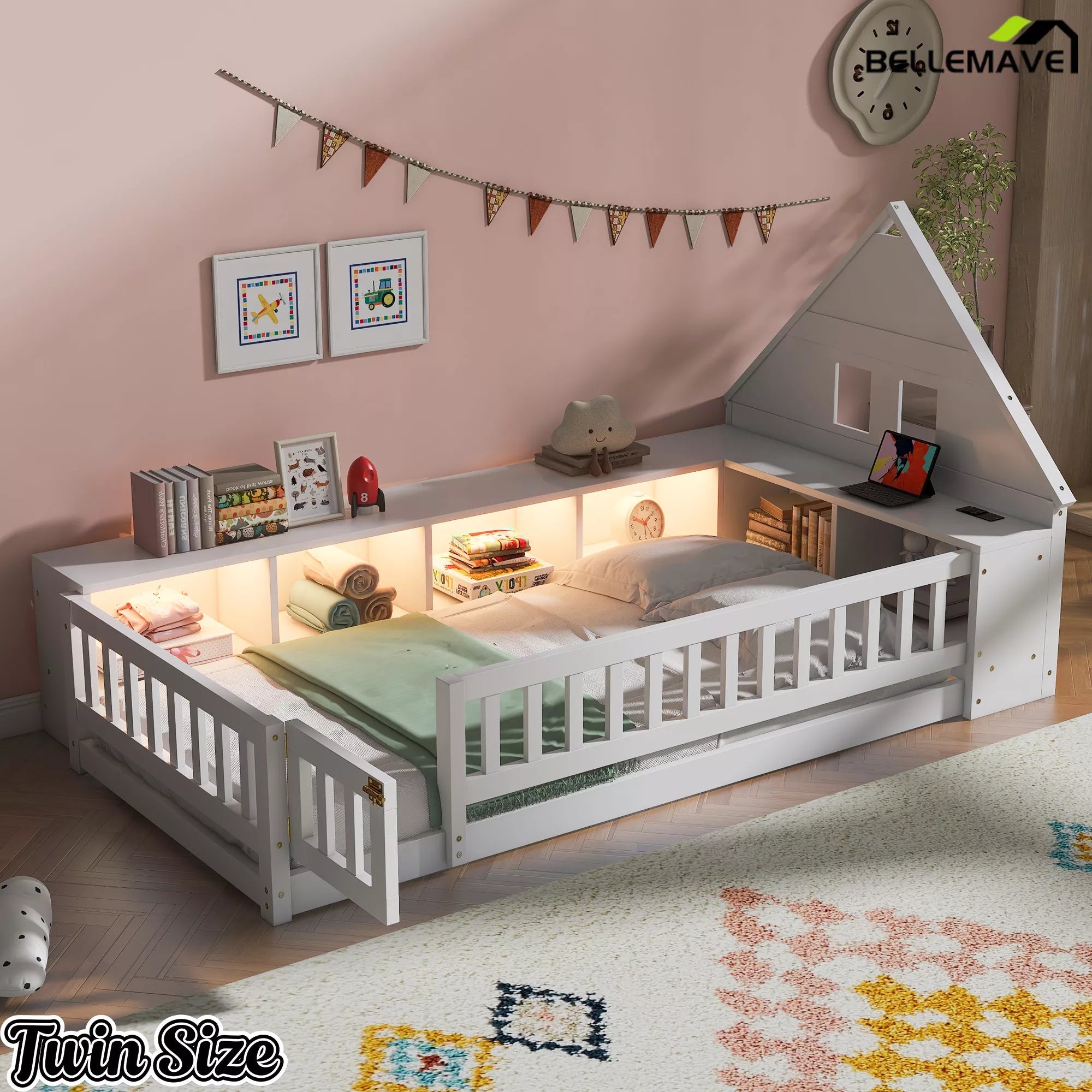 Bellemave® Twin Size Wood Floor Bed with Guardrail, House-Shaped Headboard, Storage Cabinets, LED Light & USB Port, Montessori Kids Bed Frame - Bellemave