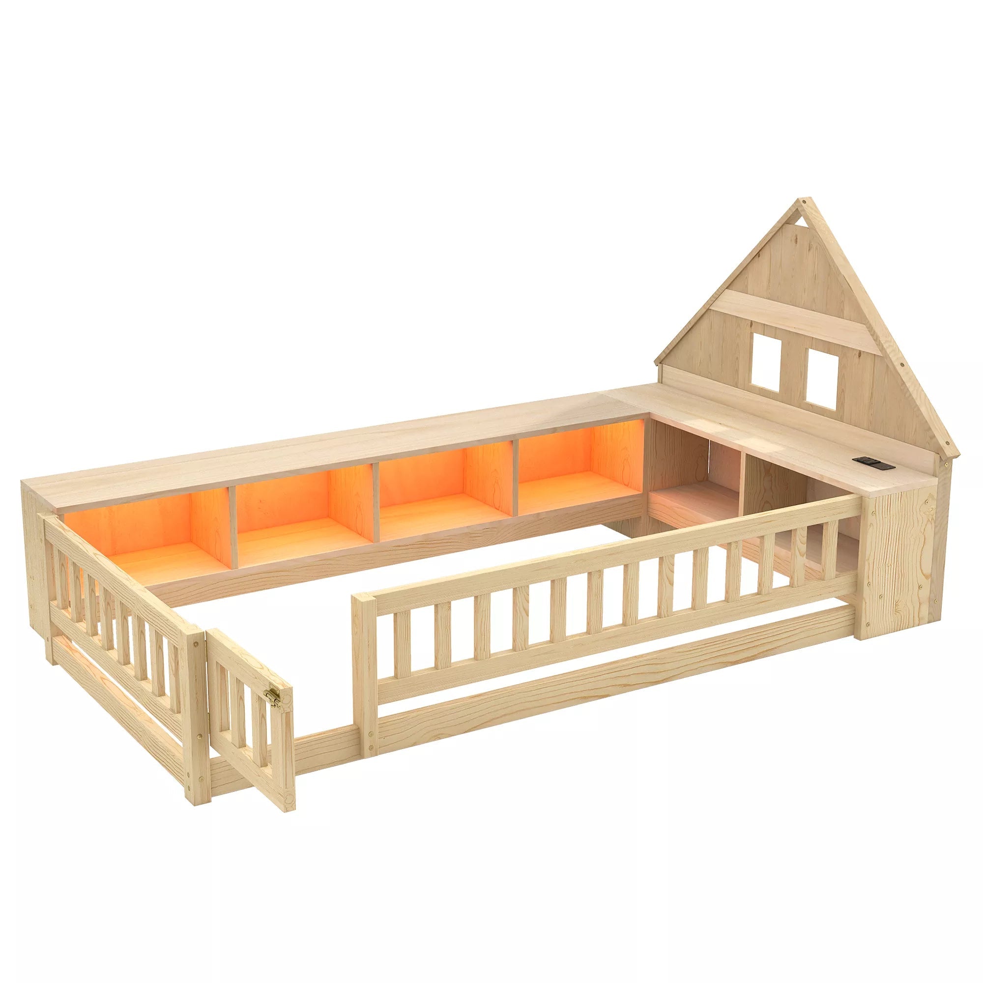 Bellemave® Twin Size Wood Floor Bed with Guardrail, House-Shaped Headboard, Storage Cabinets, LED Light & USB Port, Montessori Kids Bed Frame - Bellemave
