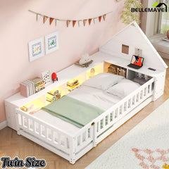 Bellemave® Twin Size Wood Floor Bed with Guardrail, House-Shaped Headboard, Storage Cabinets, LED Light & USB Port, Montessori Kids Bed Frame - Bellemave