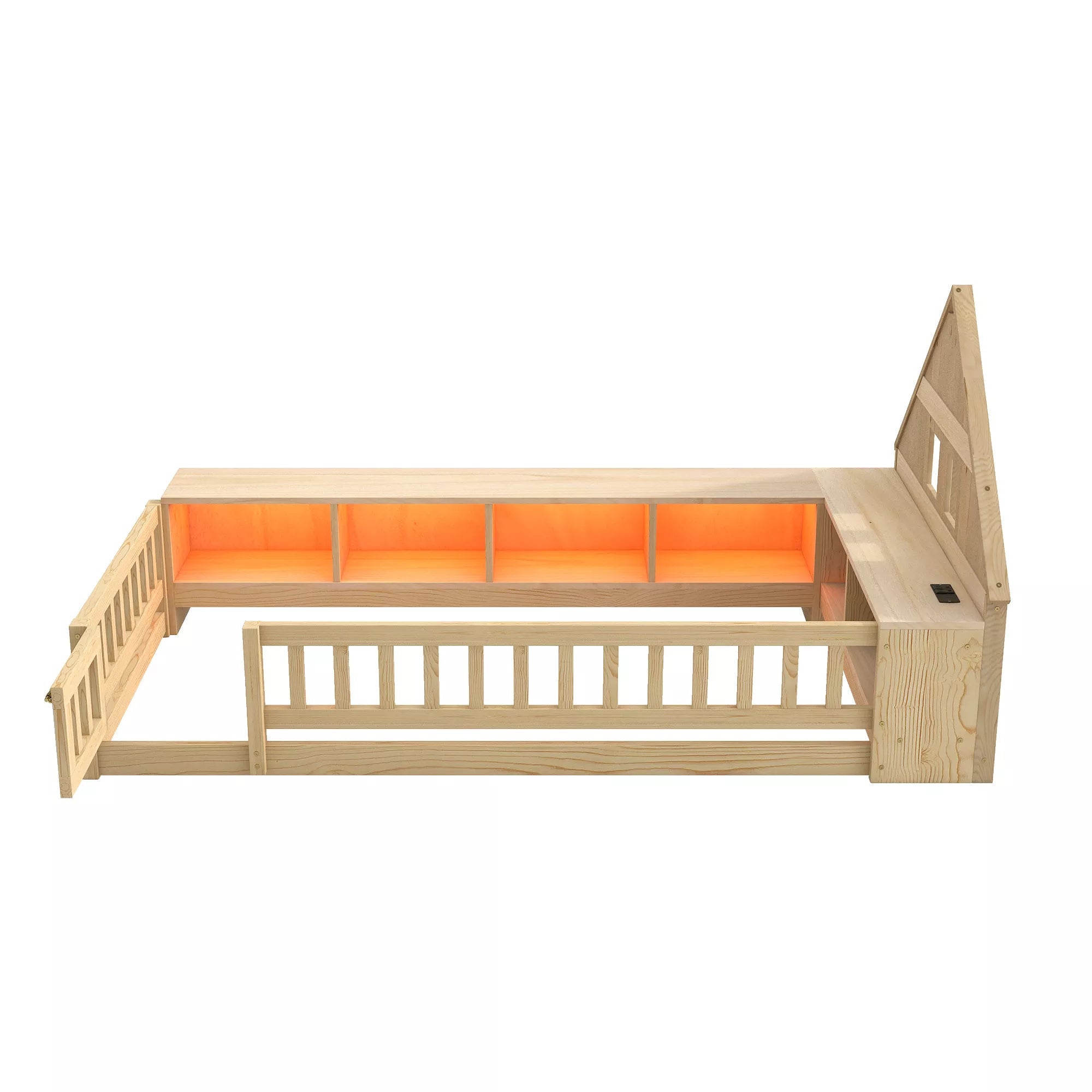 Bellemave® Twin Size Wood Floor Bed with Guardrail, House-Shaped Headboard, Storage Cabinets, LED Light & USB Port, Montessori Kids Bed Frame - Bellemave