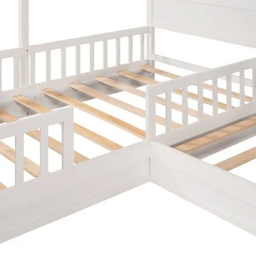 Bellemave® Twin Size Wood House Bed L - Structure with Fence and Slatted - Bellemave