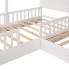 Bellemave® Twin Size Wood House Bed L - Structure with Fence and Slatted - Bellemave