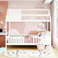 Bellemave® Twin Size Wood House Bed with Fence - Bellemave