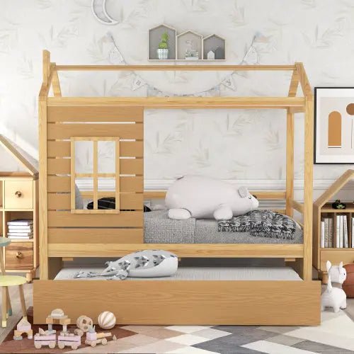 Bellemave® Twin Size Wood House Bed with Trundle Bed - Bellemave