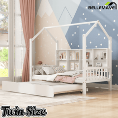 Bellemave® Twin Size Wood House Beds with Trundle and Storage Shelves, Kids Montessori Playhouse Bed, White - Bellemave