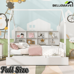 Bellemave® Twin Size Wood House Beds with Trundle and Storage Shelves, Kids Montessori Playhouse Bed, White - Bellemave