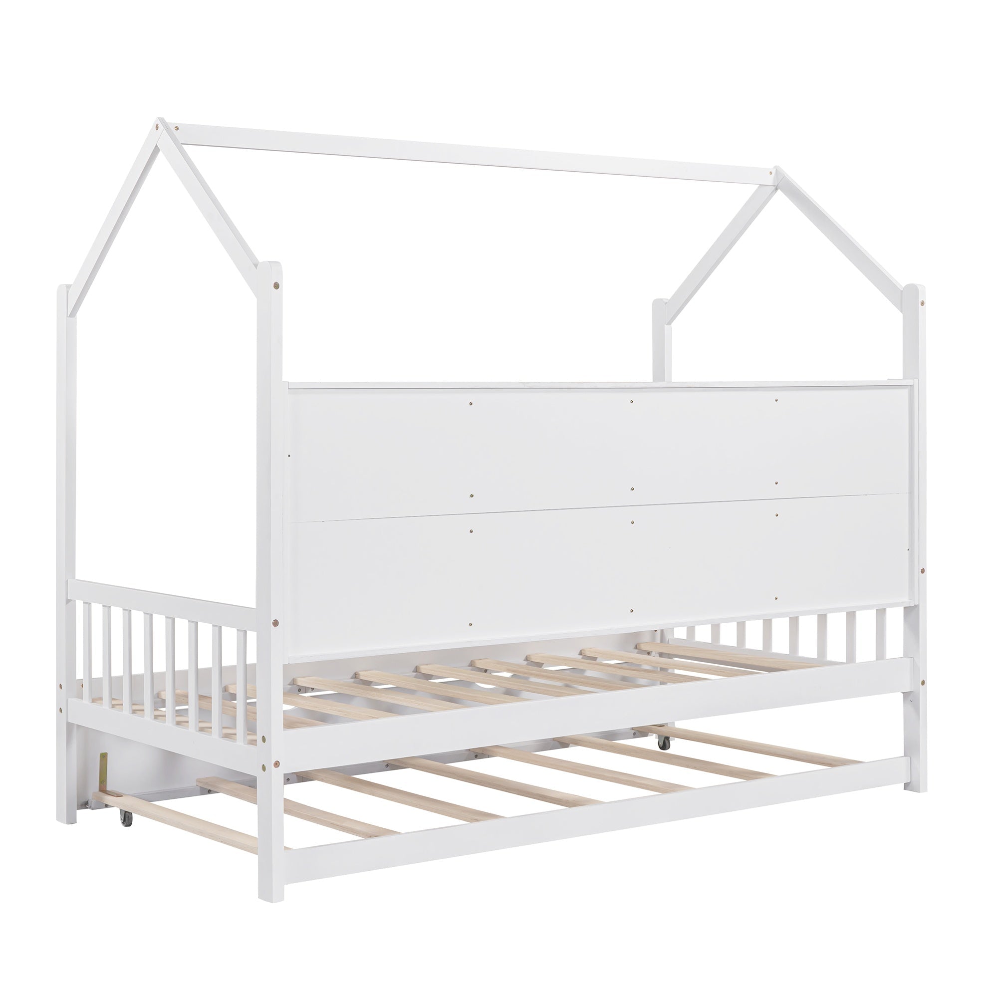 Bellemave® Twin Size Wood House Beds with Trundle and Storage Shelves, Kids Montessori Playhouse Bed, White - Bellemave