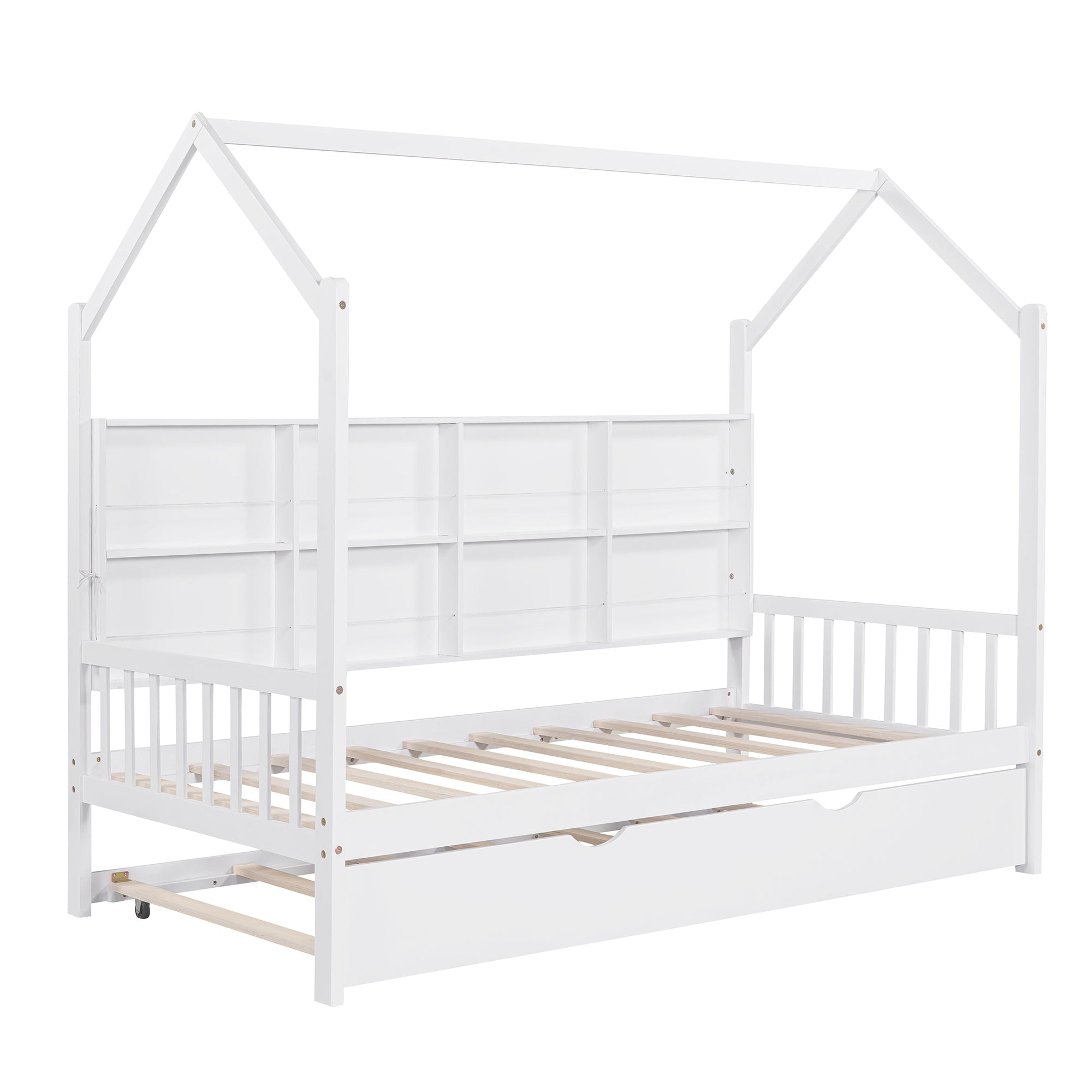 Bellemave® Twin Size Wood House Beds with Trundle and Storage Shelves, Kids Montessori Playhouse Bed, White - Bellemave