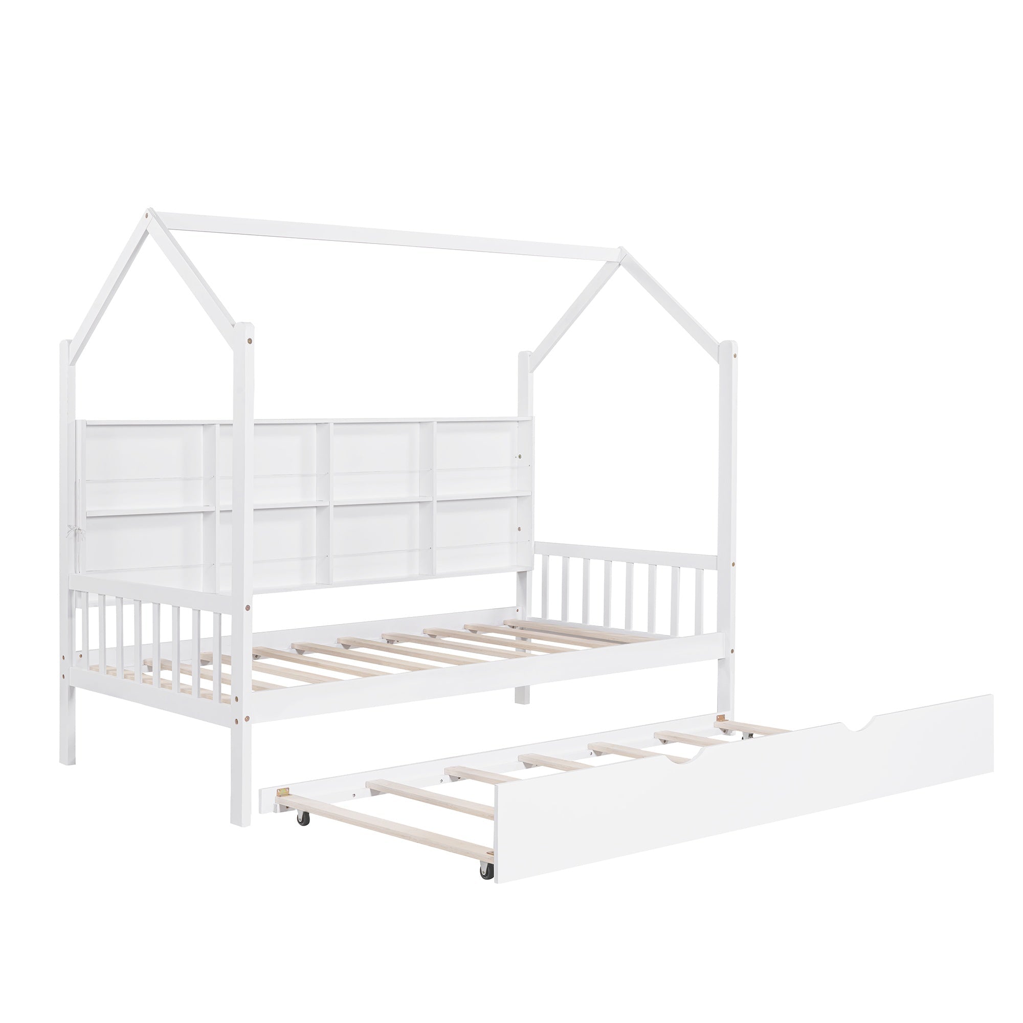 Bellemave® Twin Size Wood House Beds with Trundle and Storage Shelves, Kids Montessori Playhouse Bed, White - Bellemave