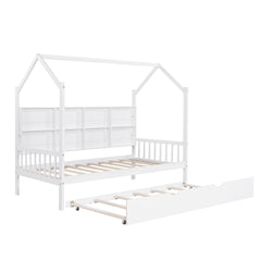 Bellemave® Twin Size Wood House Beds with Trundle and Storage Shelves, Kids Montessori Playhouse Bed, White - Bellemave