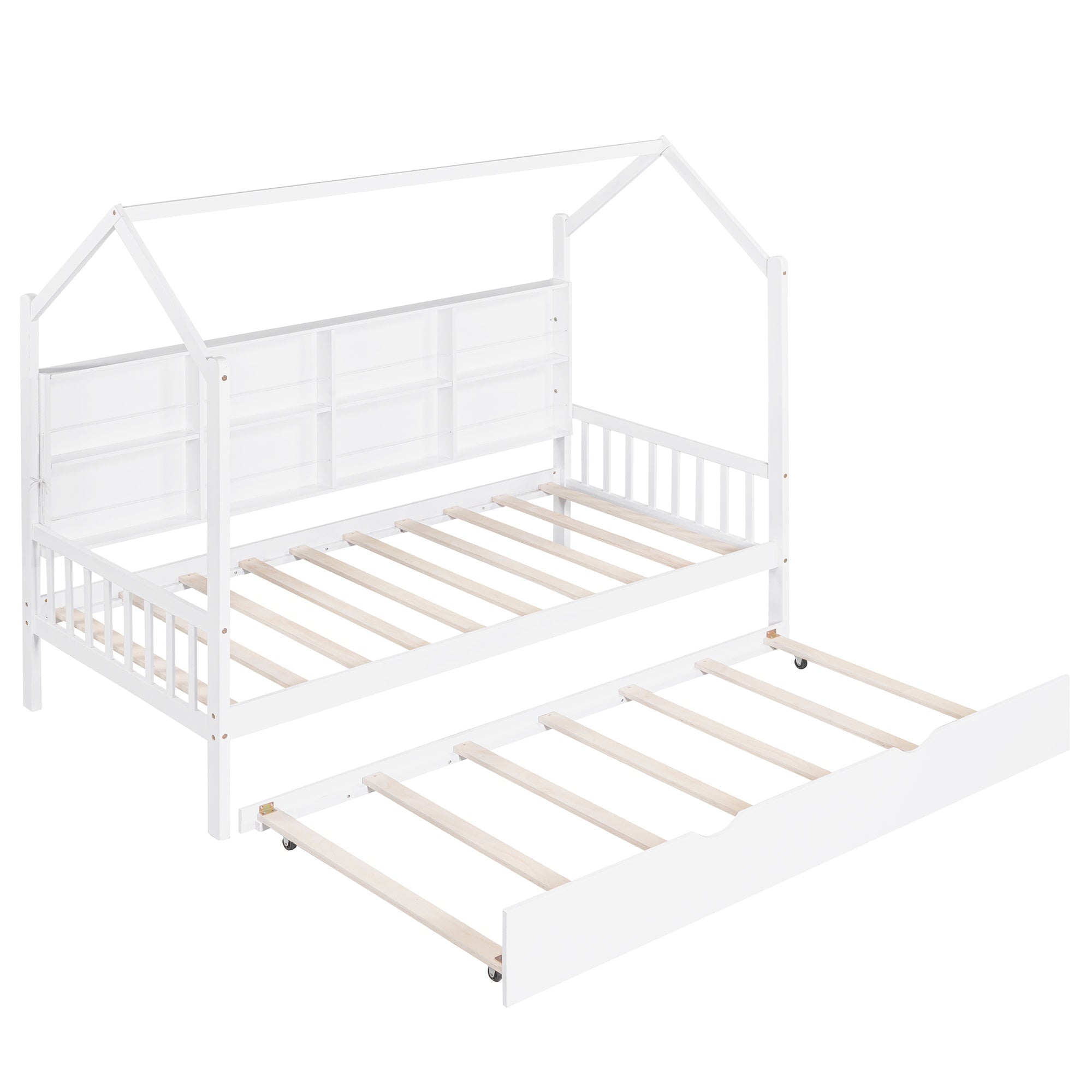 Bellemave® Twin Size Wood House Beds with Trundle and Storage Shelves, Kids Montessori Playhouse Bed, White - Bellemave