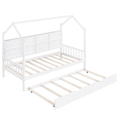 Bellemave® Twin Size Wood House Beds with Trundle and Storage Shelves, Kids Montessori Playhouse Bed, White - Bellemave