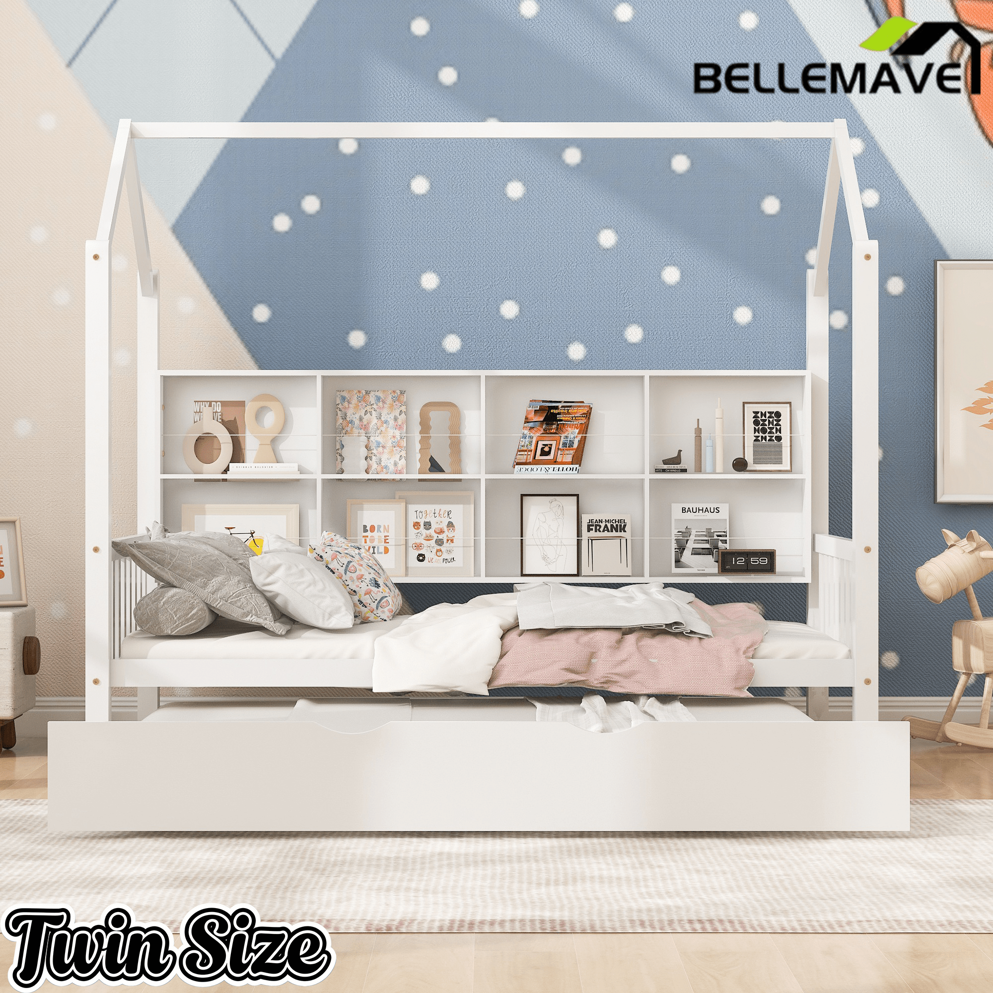 Bellemave® Twin Size Wood House Beds with Trundle and Storage Shelves, Kids Montessori Playhouse Bed, White - Bellemave