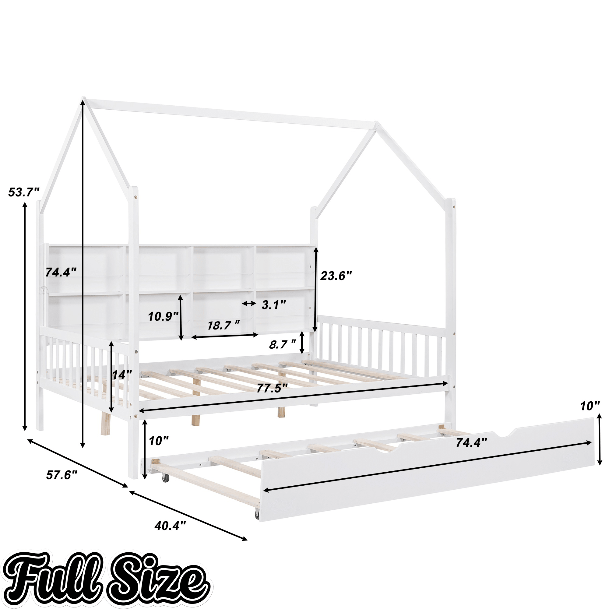 Bellemave® Twin Size Wood House Beds with Trundle and Storage Shelves, Kids Montessori Playhouse Bed, White - Bellemave