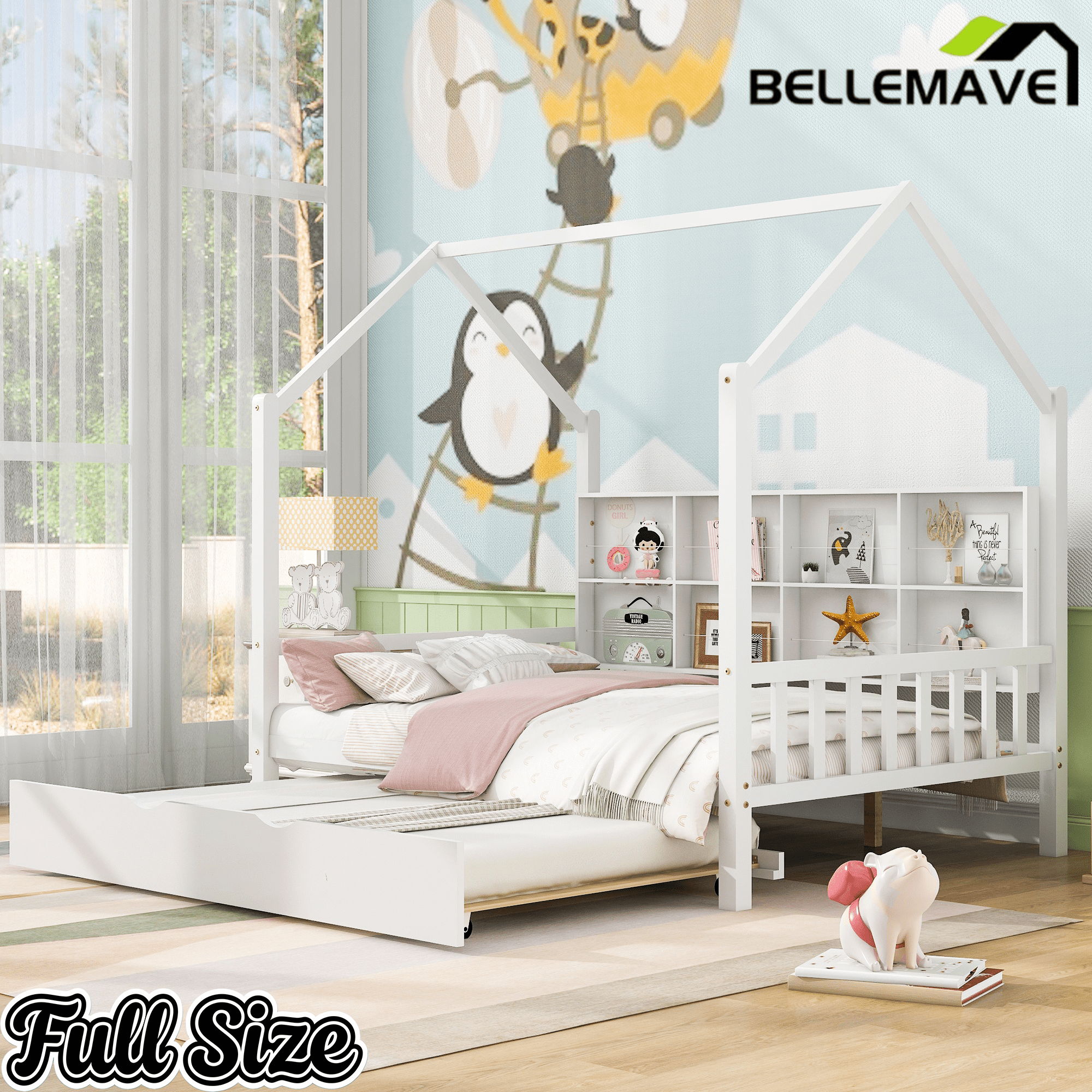 Bellemave® Twin Size Wood House Beds with Trundle and Storage Shelves, Kids Montessori Playhouse Bed, White - Bellemave