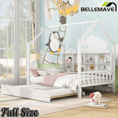 Bellemave® Twin Size Wood House Beds with Trundle and Storage Shelves, Kids Montessori Playhouse Bed, White - Bellemave