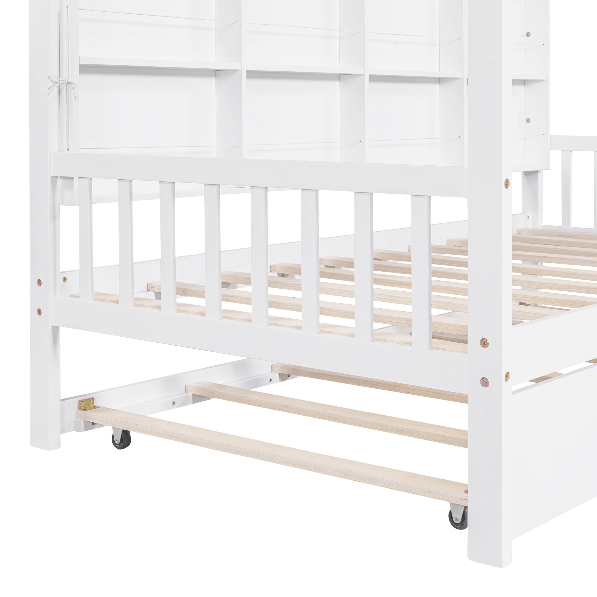 Bellemave® Twin Size Wood House Beds with Trundle and Storage Shelves, Kids Montessori Playhouse Bed, White - Bellemave