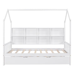 Bellemave® Twin Size Wood House Beds with Trundle and Storage Shelves, Kids Montessori Playhouse Bed, White - Bellemave