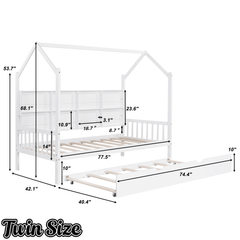Bellemave® Twin Size Wood House Beds with Trundle and Storage Shelves, Kids Montessori Playhouse Bed, White - Bellemave