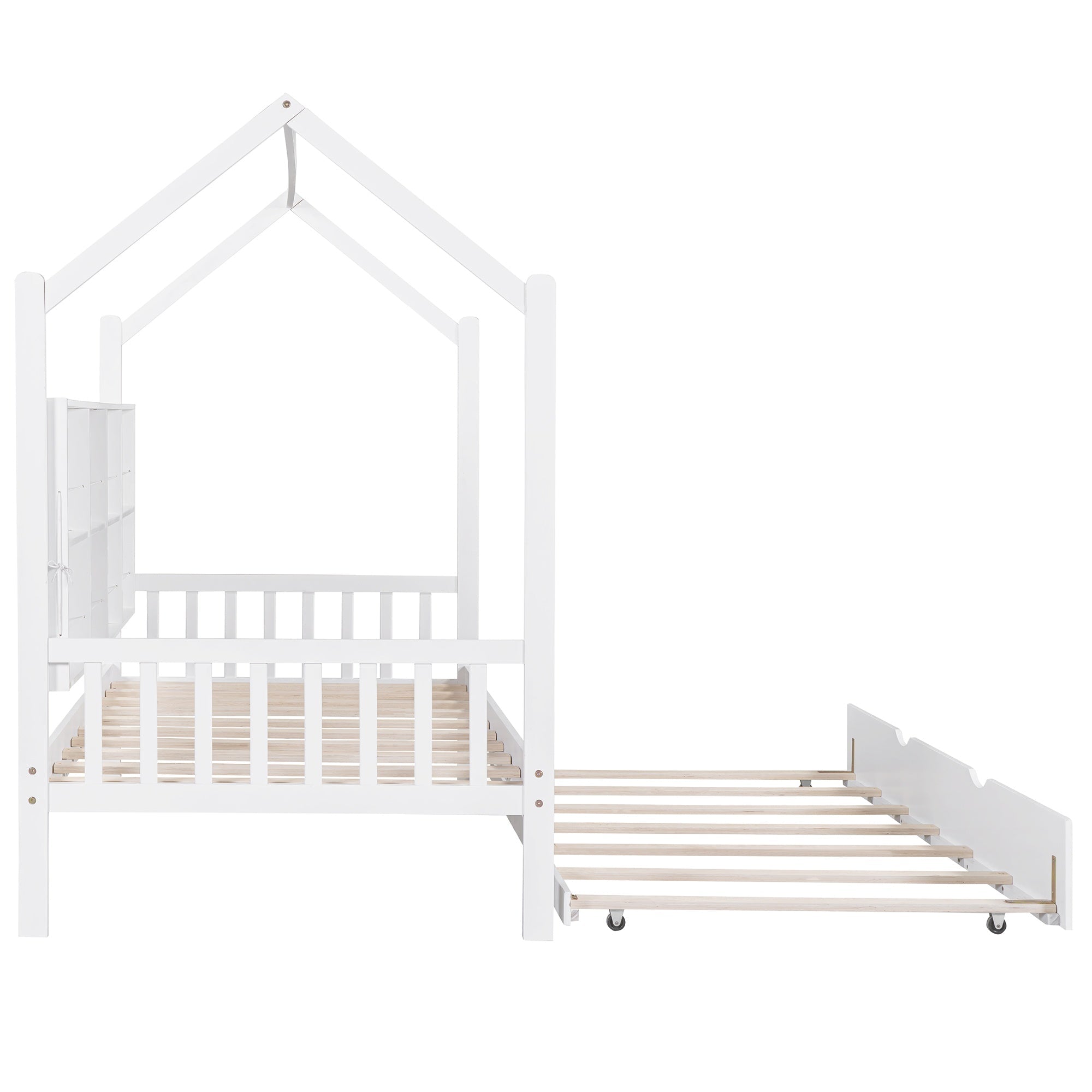 Bellemave® Twin Size Wood House Beds with Trundle and Storage Shelves, Kids Montessori Playhouse Bed, White - Bellemave