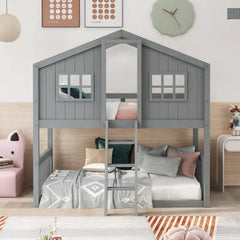 Bellemave® Twin Size Wood House Bunk Bed with Ladder - Bellemave