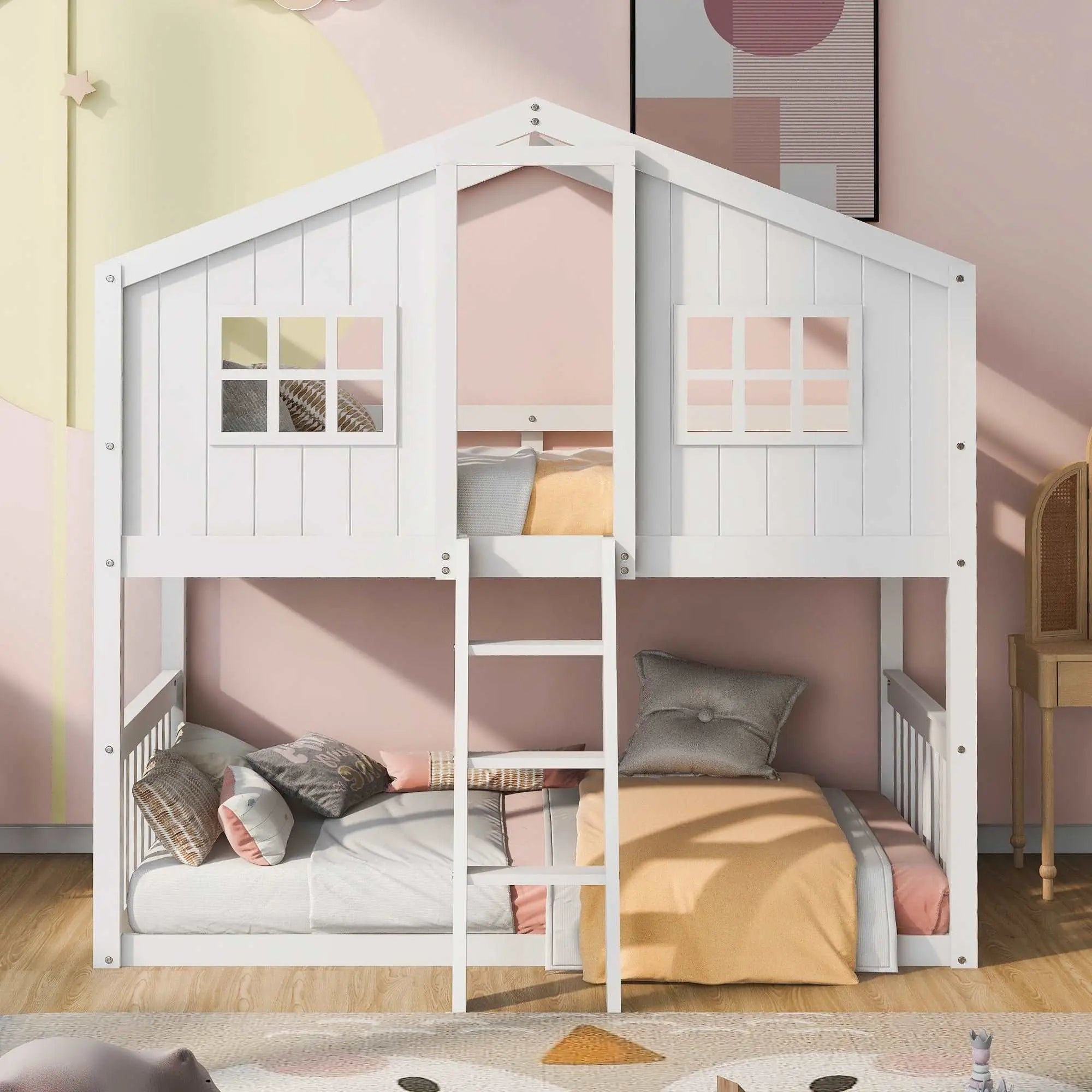 Bellemave® Twin Size Wood House Bunk Bed with Ladder - Bellemave
