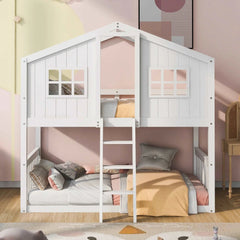 Bellemave® Twin Size Wood House Bunk Bed with Ladder - Bellemave